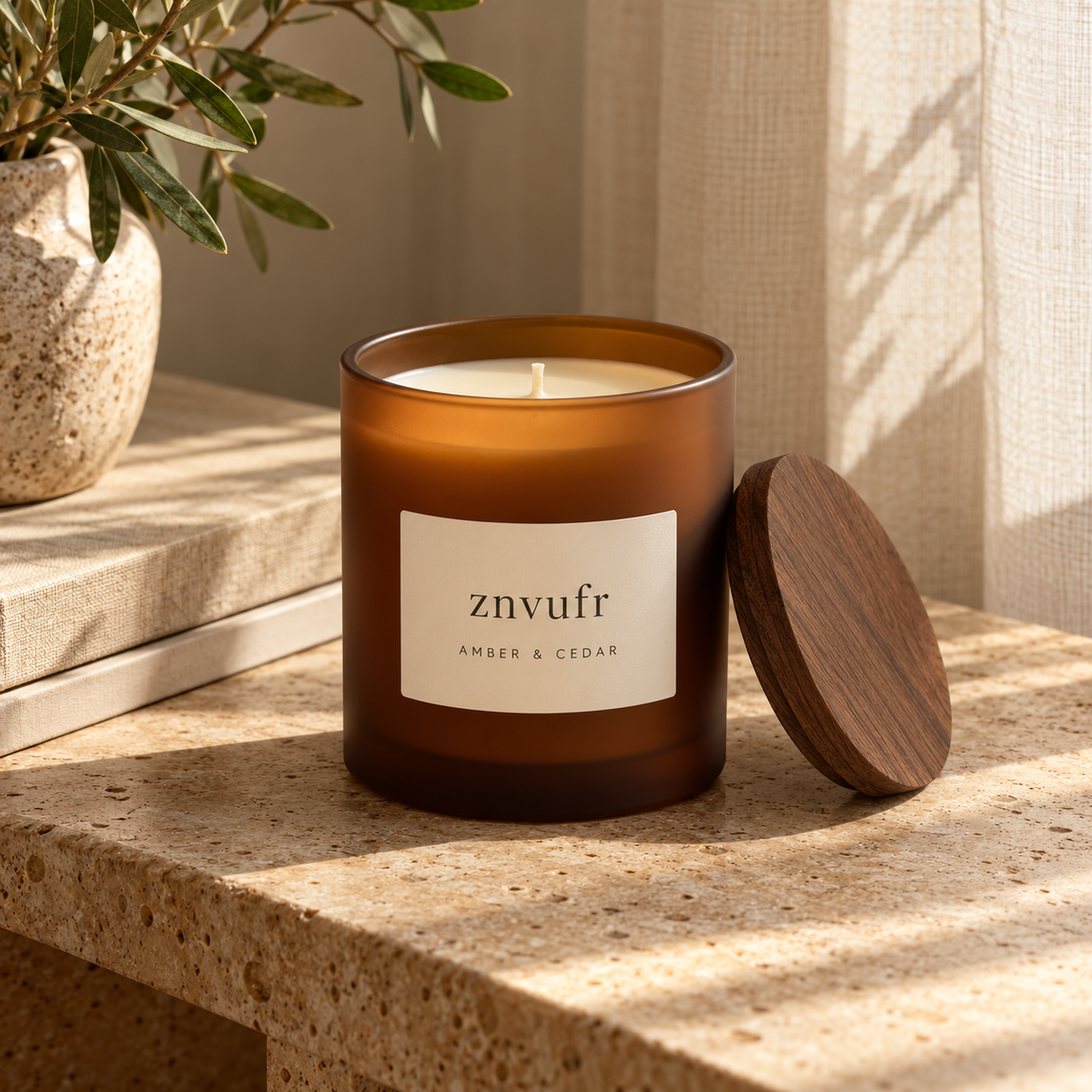 znvufr Amber & Cedar Scented Candle lifestyle scene