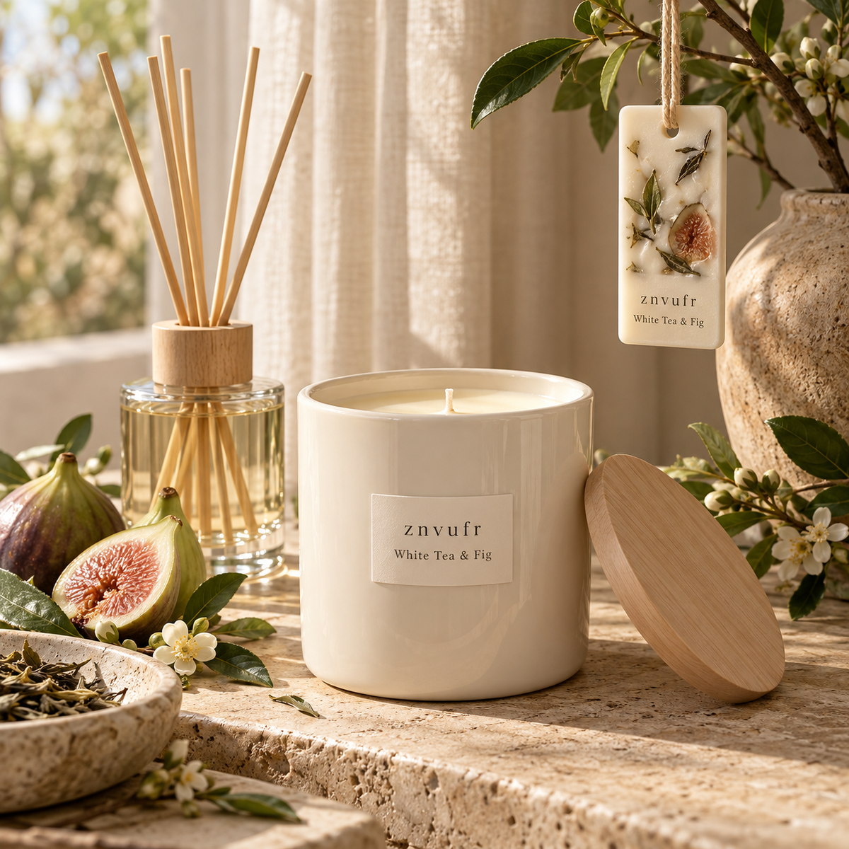 znvufr White Tea & Fig Scented Candle lifestyle
